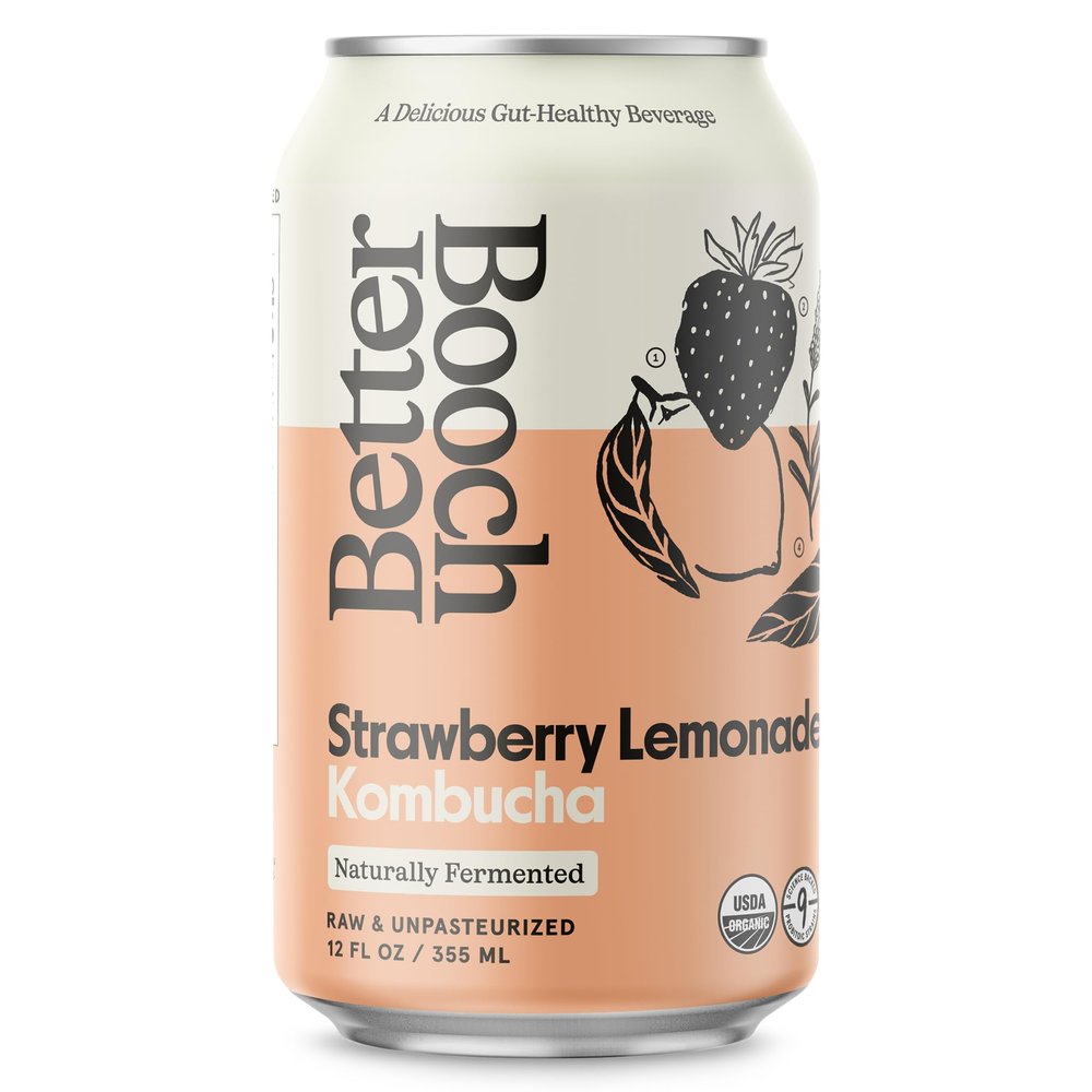 Better Booch Organic Kombucha - Probiotic & Antioxidant Rich Raw Sparkling Tea - Low Sugar, Vegan, Gluten Free - Gut Healthy Active Cultures,12 Fl Oz Cans, 12-Pack (Strawberry Lemonade)