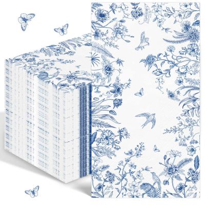 100PCS Blue Floral Napkins Disposable Hand Towels for Bathroom 3 Ply Blue and White Decorative Paper Napkins Vintage Bird Flower Guest Napkins Chinoiserie Napkins for Birthday Wedding Spring Party