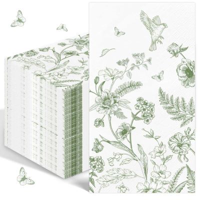 100PCS Green Floral Napkins Disposable Hand Towels for Bathroom 3 Ply Greenery Paper Napkins Vintage Bird Flower Guest Napkins Chinoiserie Napkins for Wedding Bridal Shower Cocktail Party
