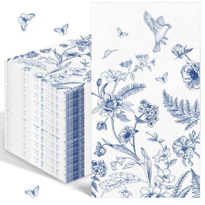 100PCS Blue Floral Napkins Disposable Hand Towels for Bathroom 3 Ply Blue and White Paper Napkins Vintage Bird Flower Guest Napkins Chinoiserie Napkins for Spring Wedding Bridal Shower Cocktail Party