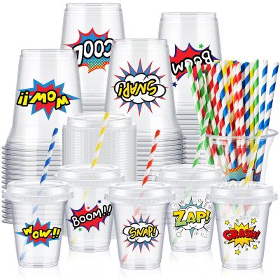 Boao 36 Sets Hero Party Cups with Lids and Paper Straws 14 oz Hero Birthday Party Supplies Favors Disposable Clear Plastic Cups Bulk