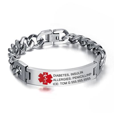 GLOMGORGE Mens Medical Alert Bracelet Medical Alert Medical Bracelet - Adjustable Link Stainless Steel Medical ID Bracelets, Engravable Medical Alert Bracelet