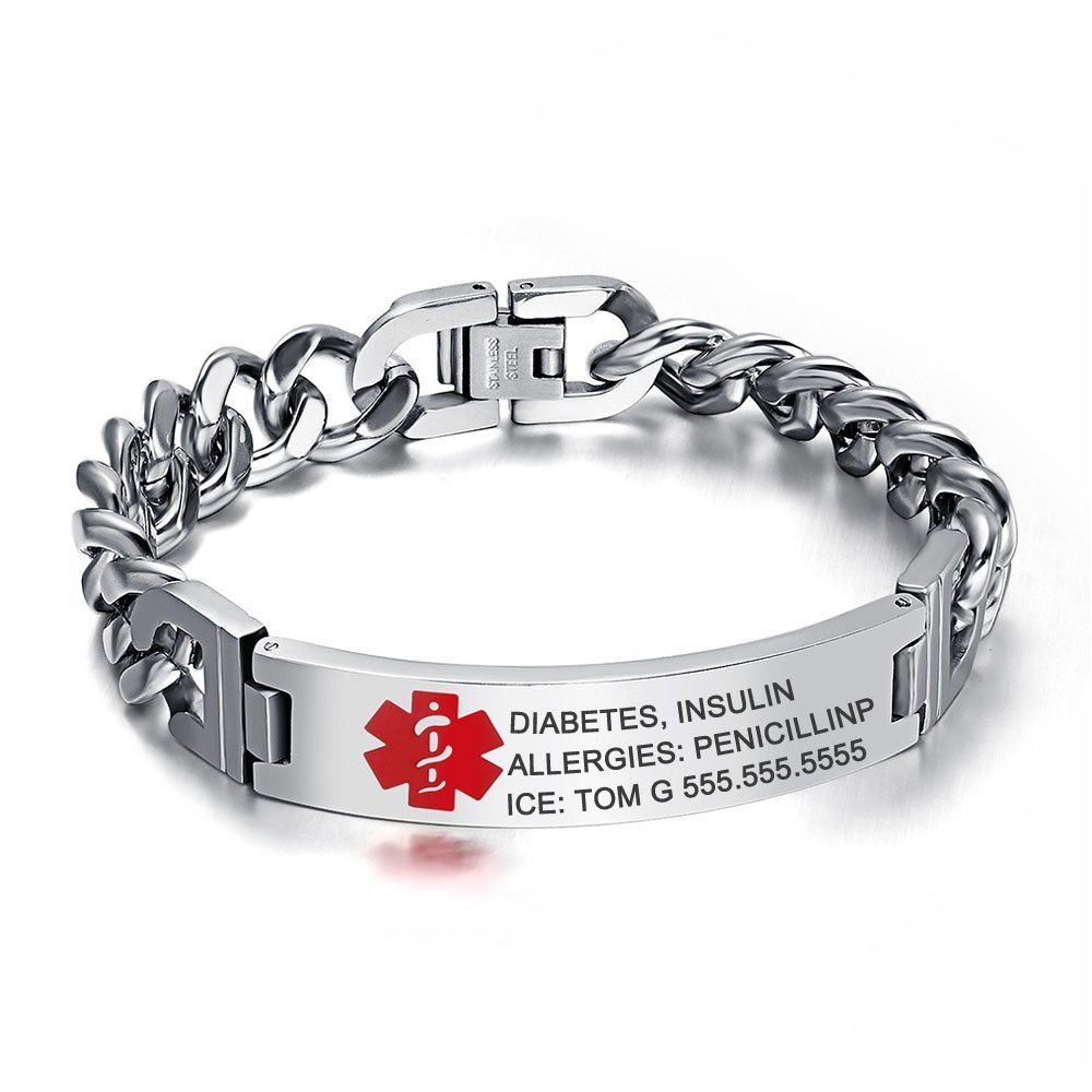 GLOMGORGE Mens Medical Alert Bracelet Medical Alert Medical Bracelet - Adjustable Link Stainless Steel Medical ID Bracelets, Engravable Medical Alert Bracelet