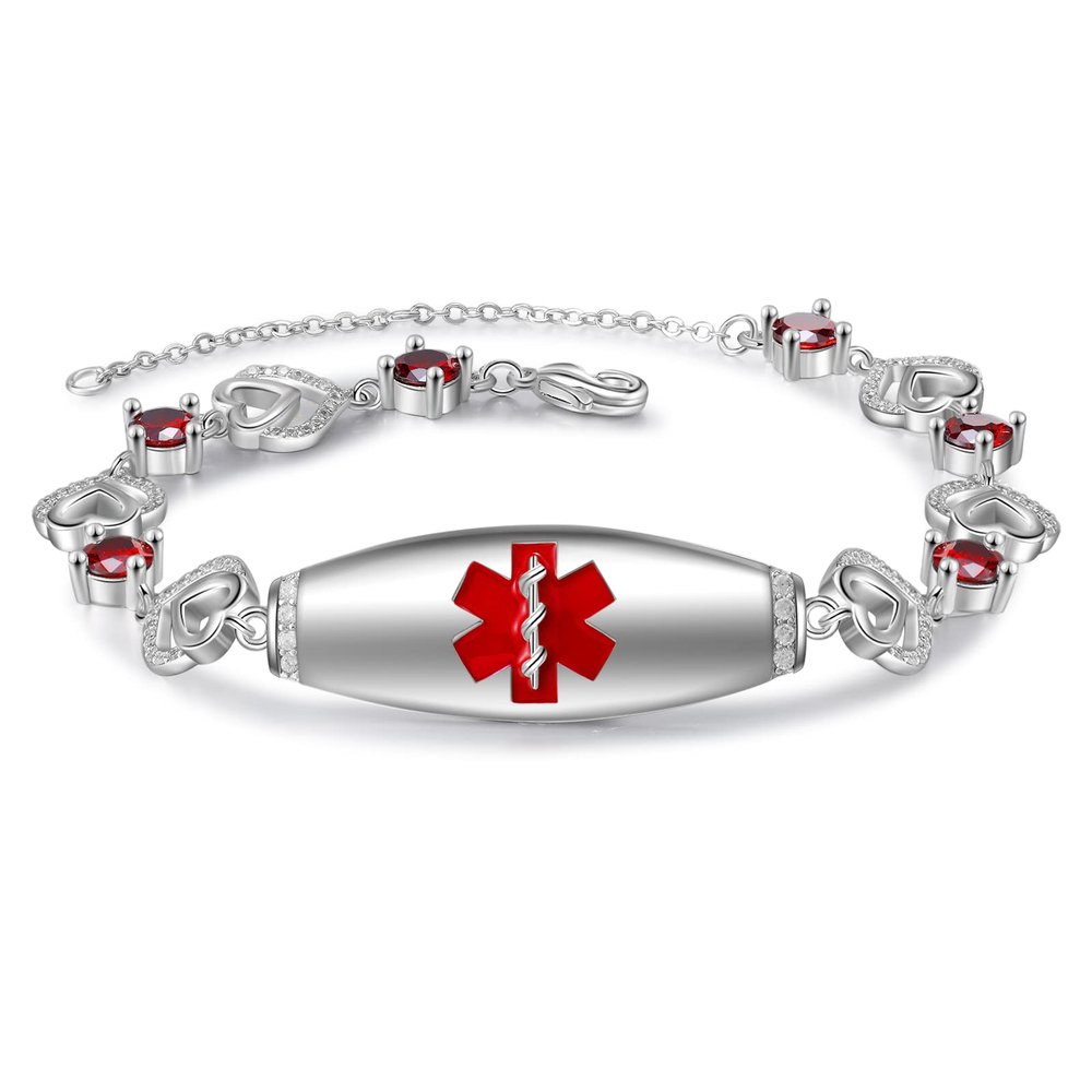 GLOMGORGE Medical Alert Bracelets For Women - Silver Medical Bracelet With Heart Chains, Stainless Steel Women ID Bracelets Engraved Emergency Information Bracelets