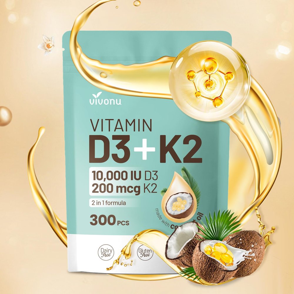 Vitamin D3 K2 10000 IU with MK7-300 Virgin Coconut Oil Softgels, 2 in 1 Vitamins D & K Complex | Vitamina D3 con K2 | Supports Calcium Absorption, Bone, Immune, & Heart Health Easy to Swallow
