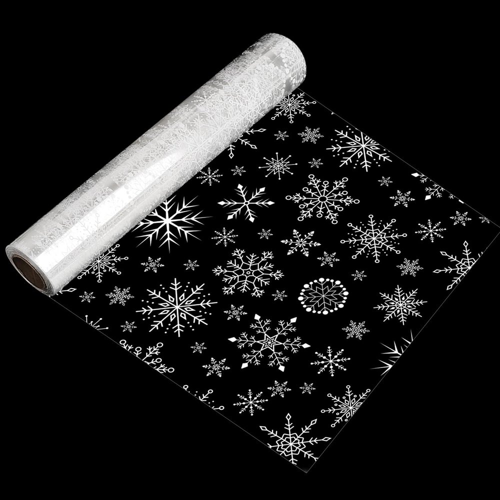SULOLI 100 Ft x 32 In Christmas Cellophane Wrap Roll - Xmas Snowflakes Cellophane Wrap for Christmas Gift Baskets Flowers Party Decoration