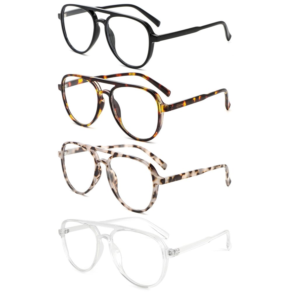 MMOWW 4 Pack Oversized Aviator Reading Glasses for Women Men Retro Double Bridge Pilot Style Blue Light Blocking Computer Readers, Black/Tortoise/Grey Tortoise/Transparent +2.5
