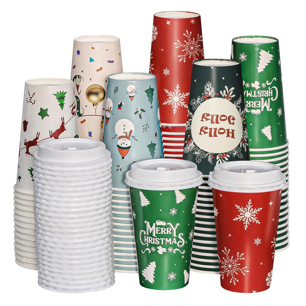 SUREPHON Christmas Cups, 60 Pack 16 Oz Christmas Disposable Coffee Cups with Lids, To Go Coffee Cups, 6 Designs Coffee Drinking Paper Cups for Hot Chocolate, Hot Cocoa, Xmas Dinner Party