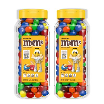 M&M's Peanut Candy Jars, Assorted Chocolate Candies, Party Size Bulk, Movie Night Treats, Buffet Chocolates, Resealable and Recyclable, 23 Ounces Each, Pack of 2