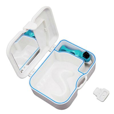 Portable False Teeth Container with Denture Cleaner Brush, Denture Cup with Mirror for Cleaning Household Office Travel