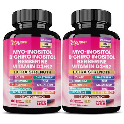 Myo Inositol Supplement 750mg, Berberine 500mg, D-Chiro Inositol 50mg, Folate 400mcg, Chromium 100mcg, Ceylon Cinnamon 200mg, Ashwagandha 100mg, DIM 75mg, Vitex Chasteberry 150mg, 90 Capsules (2 Pack)