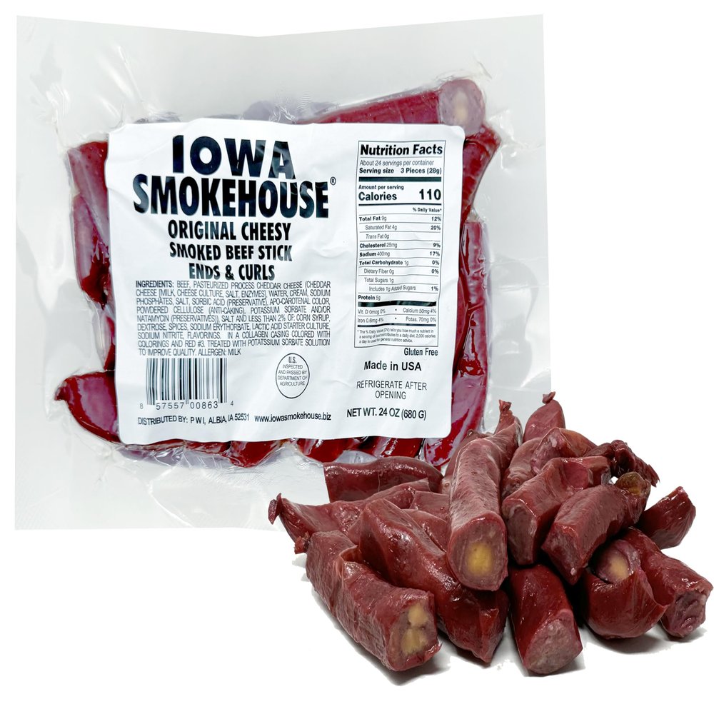 Iowa Smokehouse Cheesy Beef Sticks Ends and Pieces, Jerky Beef Tips, Bulk Beef Snack Ends and Curls 24 Ounce (24 Ounce, Original Cheesy)