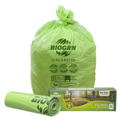 BIOGRN 50-55 Gallon Compostable Trash Bags Flat-Top 12 Bags Heavy Duty 1.57 Mil 208.2 Liter Large Lawn and Yard Waste Bag Compost for Outdoor Garden ASTM D6400, US BPI and OK Compost Home Certified