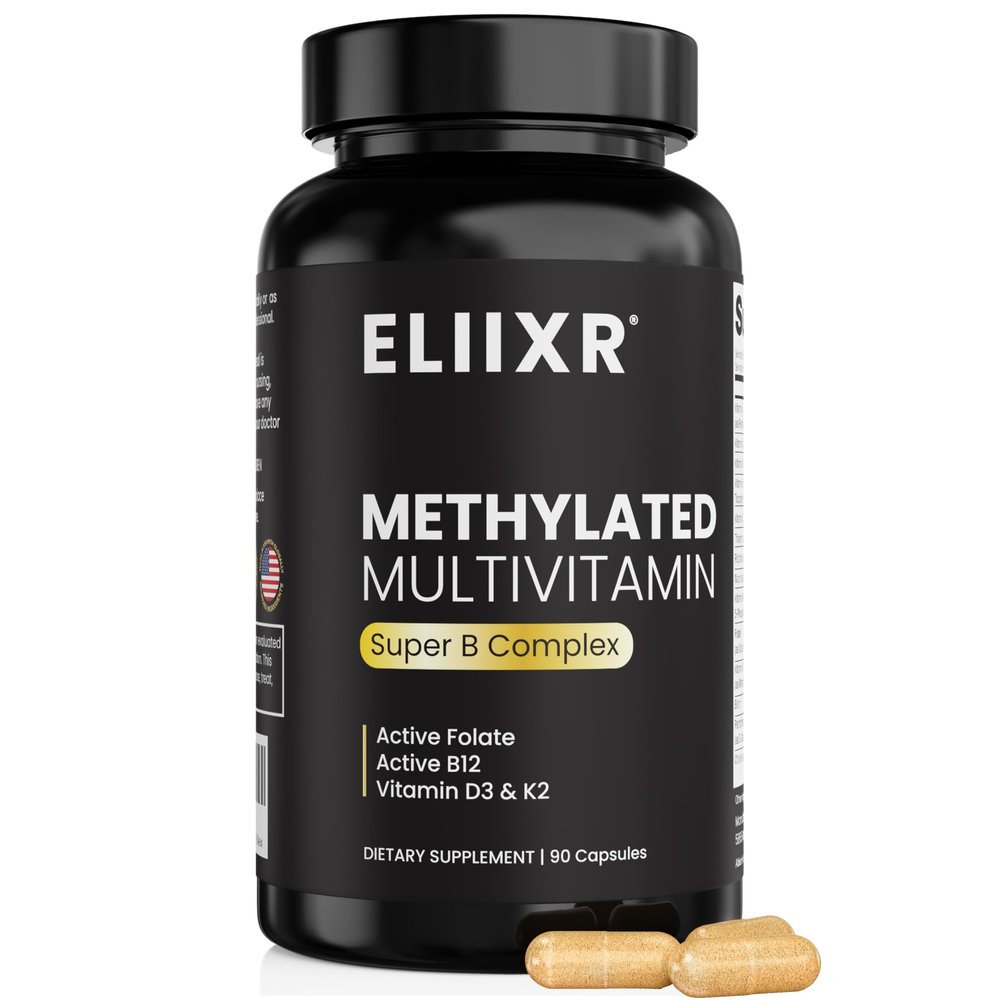 Eliixr Methylated Multivitamin Iron Free Active B Complex with Methyl B12 & 5-MTHF Folate, CoQ10, Zinc, D3, K2 Energy, Brain & Metabolism Daily Vitamin for Men & Women 90 Capsules