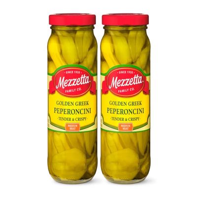 Mezzetta Golden Greek Peperoncini Peppers - Mildly Piquant Fruity Flavor - Imported from Peloponnese Greece - Add Crunch to Sandwiches, Meats, BBQ - Gluten Free, Koscher, Keto - 16 fl. OZ Jar - Pack of 2