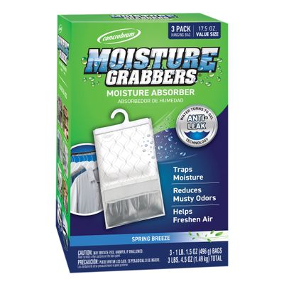 Concrobium Moisture Grabbers, 3-Pack 17.5 oz Bags (Spring Breeze) Powerful Moisture Absorber with Anti-Leak Gel, Covers Up to 350 cu ft, Eliminates Musty Odors & Adds a Light Fresh Scent