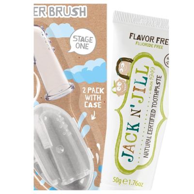 Jack N' Jill Stage 1 Silicone Finger Toothbrush + Natural Toothpaste for Babies & Toddlers - Flavor Free, Baby Toothbrush 6-12 Months, Infant Oral Care - Two Brushes Plus Case, 1.76 fl oz Toothpaste