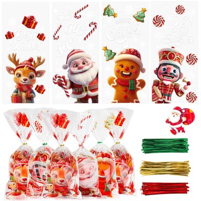 LOKIPA 120PCS Christmas Cellophane Treat Bags, 4 Styles Cello Candy Goody Bags Clear With 150 Twist Ties for Party Supplies