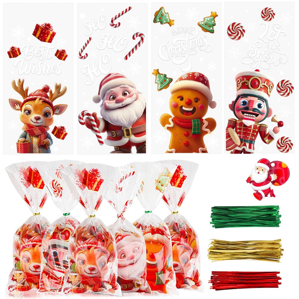 LOKIPA 120PCS Christmas Cellophane Treat Bags, 4 Styles Cello Candy Goody Bags Clear With 150 Twist Ties for Party Supplies