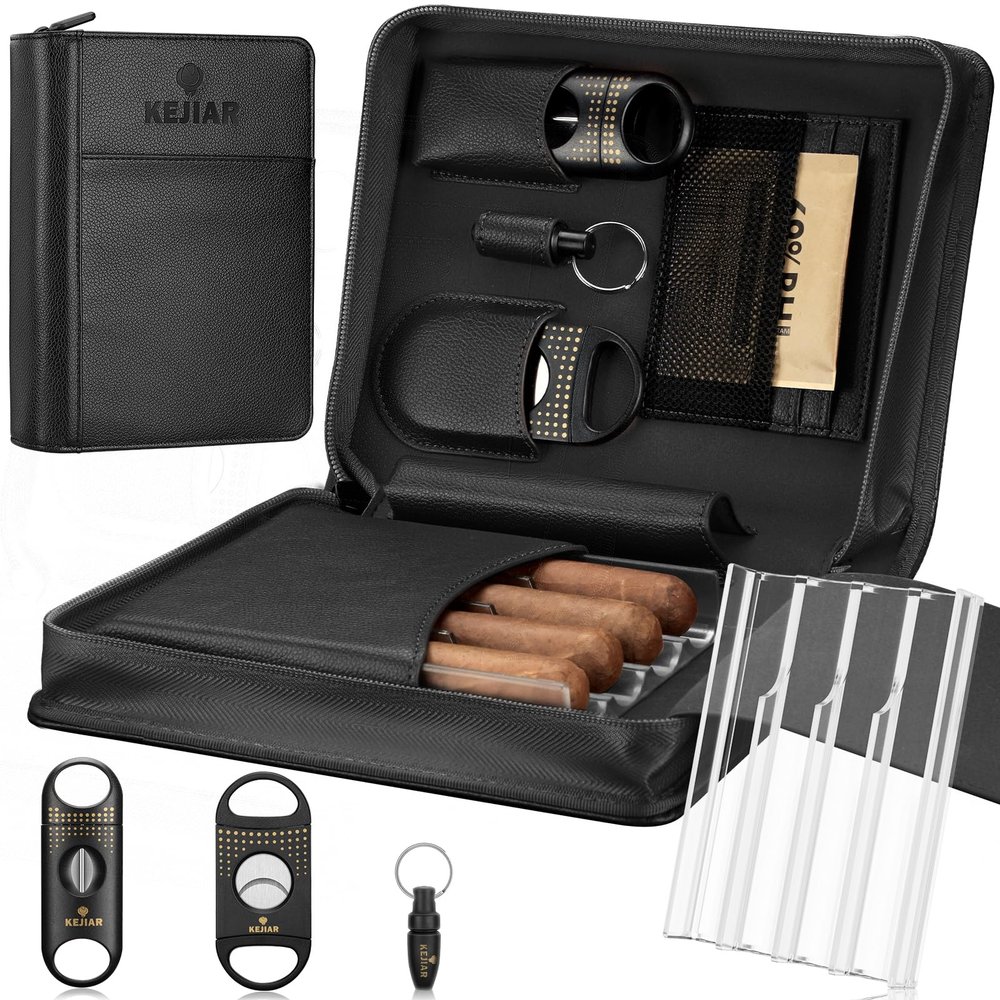 KEJIAR Cigar Humidor Case, Portable Cigar Box with Cigar V Cutter, Straight Cigar Cutter, Cigar Punch, Cigar Humidifier Packs, Travel Humidor and Cigar Accessories Gift Set Leather Cigar Case (Black)