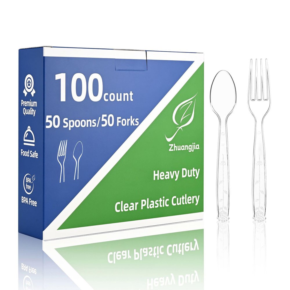 100 Count Plastic Silverware Heavy Duty 50Forks50Spoons | Shatterproof BPA-Free Disposable Cutlery Heat Resistant Disposable Plastic Utensils for Catering & Events, Party Supplies