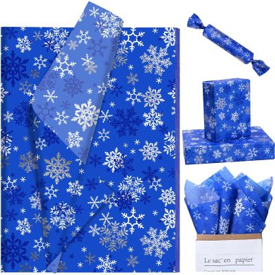 Bolsome 100 Sheets 20 * 14 Inches Christmas Tissue Paper for Gift Bags Blue Snowflake Printed Tissue Paper for Xmas Party Winter Holidays Baby Shower Birthday Party DIY Craft