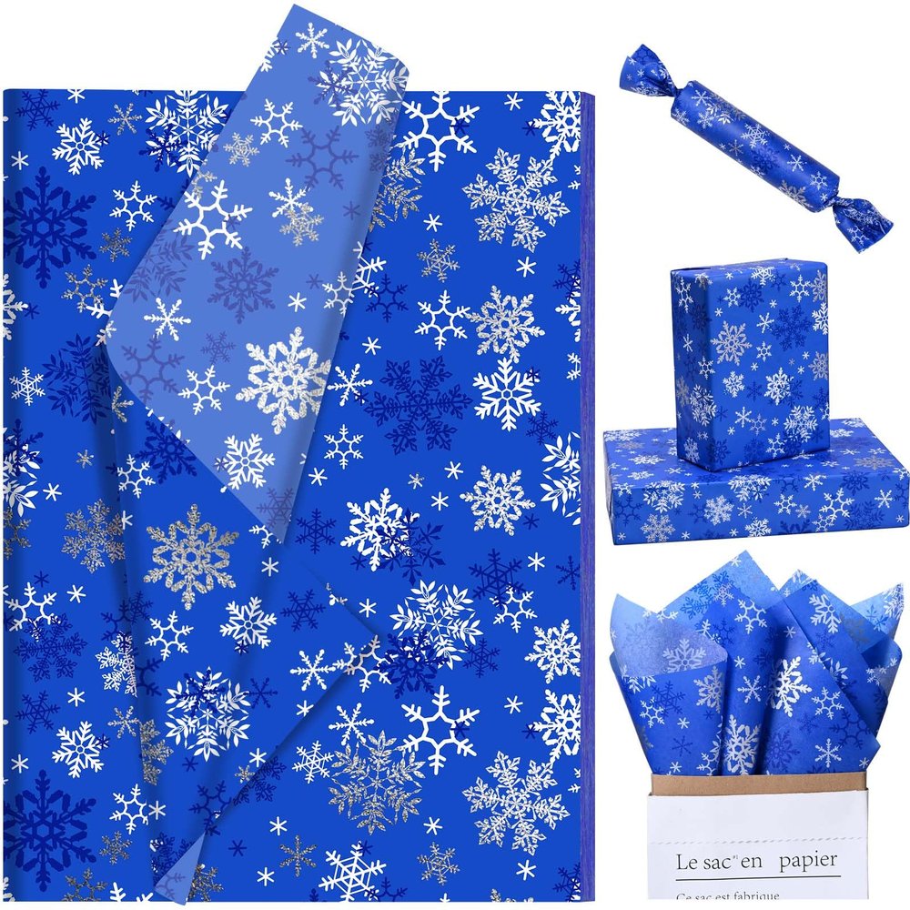 Bolsome 100 Sheets 20 * 14 Inches Christmas Tissue Paper for Gift Bags Blue Snowflake Printed Tissue Paper for Xmas Party Winter Holidays Baby Shower Birthday Party DIY Craft