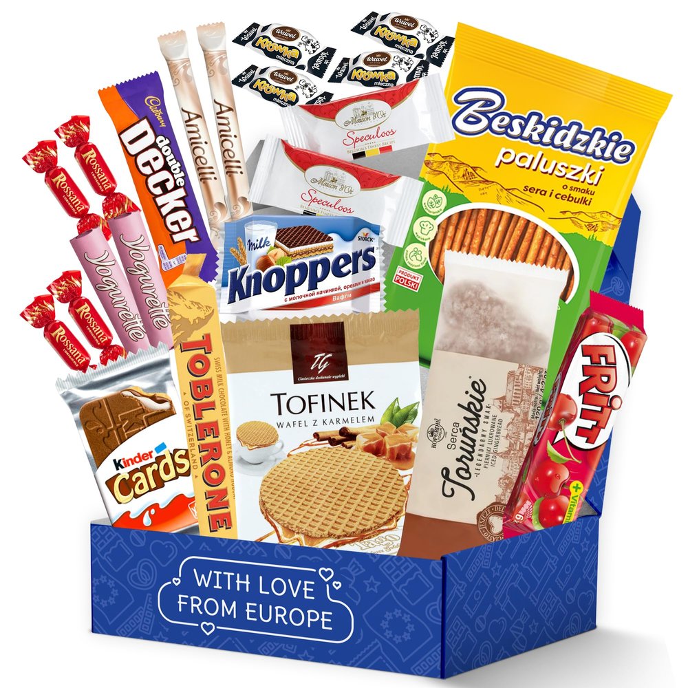 European Snack Box 22 Authentic Snacks from Italy, Germany, Poland, Netherlands, Belgium, Switzerland, UK, Curated International Treats for a Delicious Taste Adventure