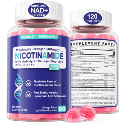 2 Pack - Nicotinamide 500mg Gummies, NAD+ Supplement for Women & Men w/ Collagen Peptides, (Flush Free Niacin) Vitamin B3 Niacinamide for Anti-Aging, NAD+ Levels, Longevity, Focus & Brain, Sugar Free