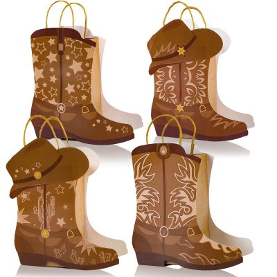 12Pcs Cowboy Boots Paper Bags Western Theme Party Decorations Favors Wild West Kraft Gift Bag with Handles Rodeo Cowgirl Boot Hat Goodie Bag for Cowboy Birthday Bachelorette Baby Shower Party Supplies