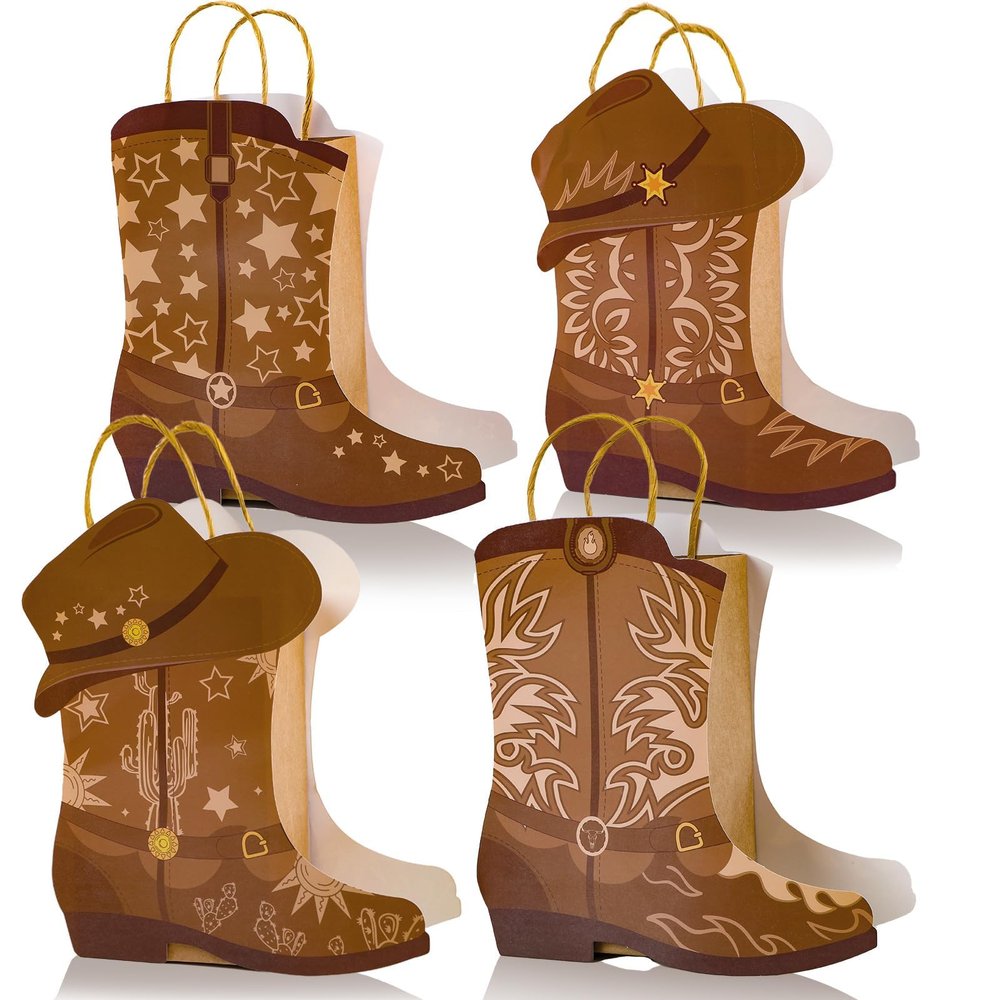 12Pcs Cowboy Boots Paper Bags Western Theme Party Decorations Favors Wild West Kraft Gift Bag with Handles Rodeo Cowgirl Boot Hat Goodie Bag for Cowboy Birthday Bachelorette Baby Shower Party Supplies