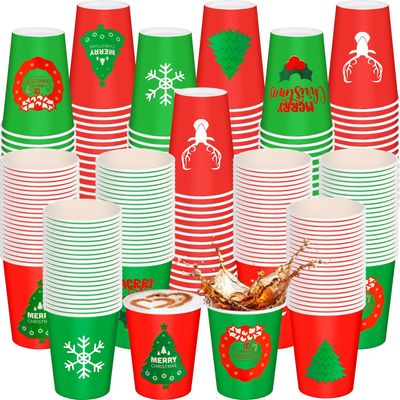 Jingmore 300 Pcs 8 oz Christmas Disposable Cups Christmas Paper Coffee Cups Xmas Tree Snowflake Snowman Elk Party Drinking Cups Xmas Holiday Supplies for Hot Cold Beverage Chocolate Tea Cocoa