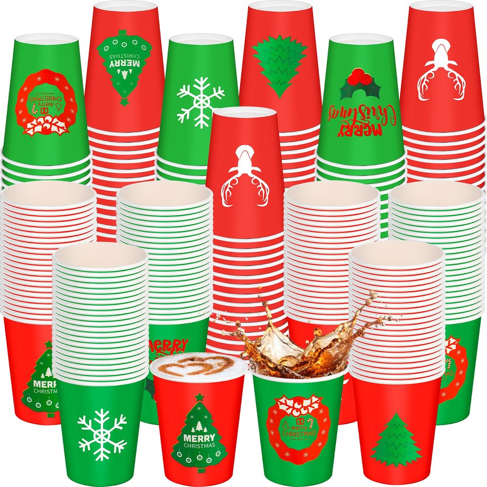 Jingmore 300 Pcs 8 oz Christmas Disposable Cups Christmas Paper Coffee Cups Xmas Tree Snowflake Snowman Elk Party Drinking Cups Xmas Holiday Supplies for Hot Cold Beverage Chocolate Tea Cocoa