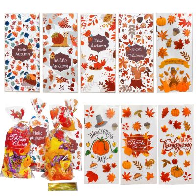 AXYEEUR 100 Pcs Thanksgiving Treat Bags, 8 Styles Fall Cellophane Treat Bags with Twist Ties for Party Favors
