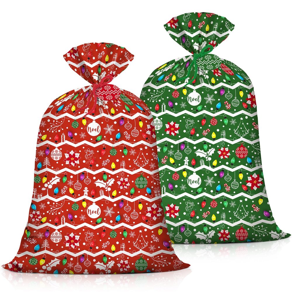 2 Pcs Large Christmas Gift Bags Extra Huge Plastic Gift Bag 48"x36" Jumbo Present Bag Xmas Big Gift Wrapping Bags XL Oversized Holiday Birthday Party Favors Red Green Noel