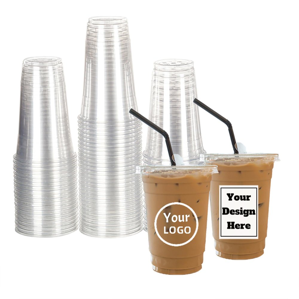 100-300pcs Custom Disposable Clear Plastic Cups with Stickers, Personalized Coffee Cup for Party, Wedding, Milkshake, Cold Drinks, Smoothie, Plastic Iced Coffee Cups with Flat Lids (16oz)