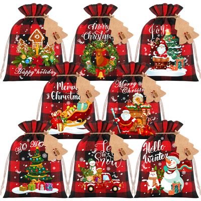 MDCGFOD 24PCS Christmas Small Burlap Bags, 5x7in Christmas Drawstring Treat Bags, Xmas Red Plaid Linen Gift Reusable Candy Goodie Wrapping for Holiday Party Favors Supplie