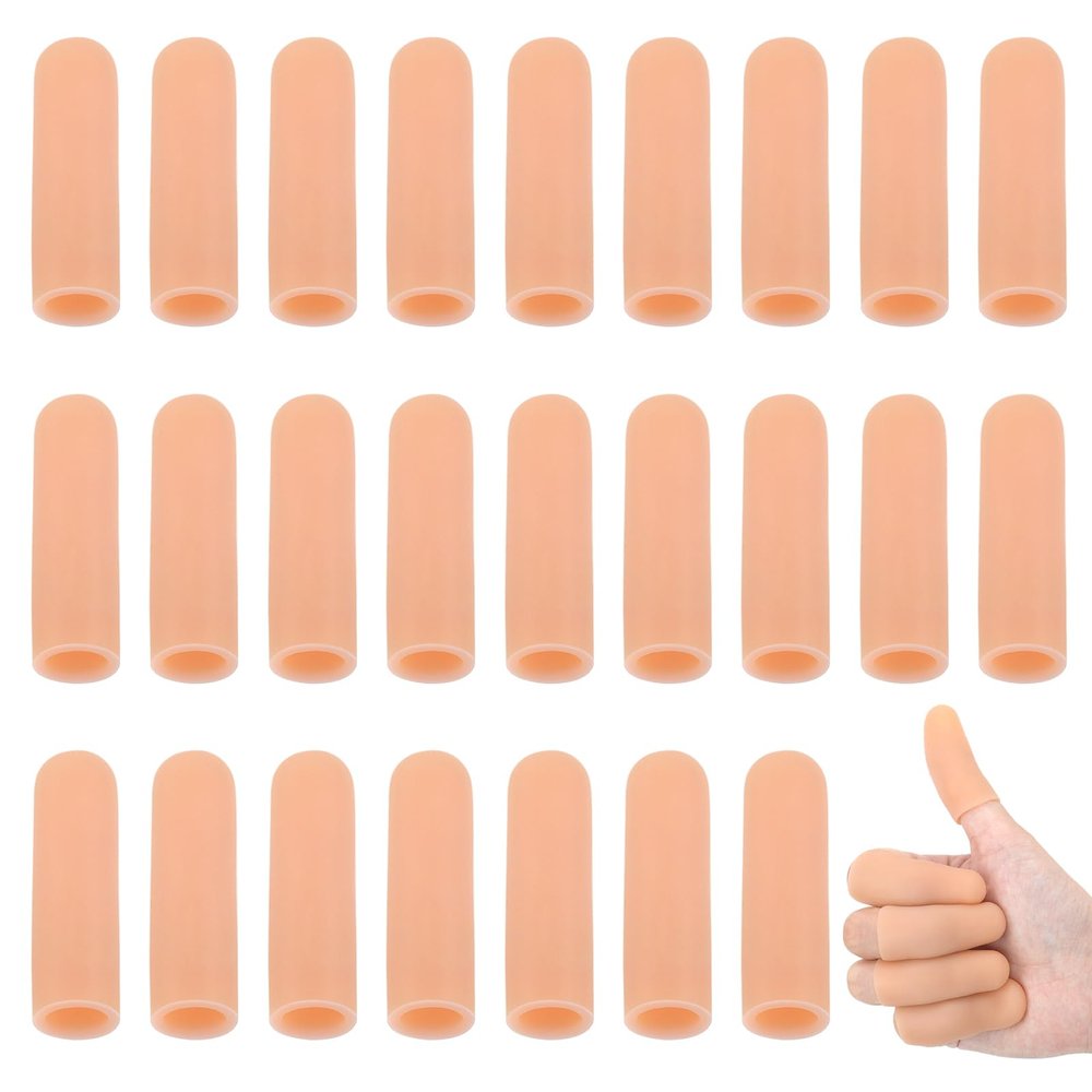 30 PCS Gel Finger Cots, Finger Tips Protector, Silicone Finger Covers, Finger Guard, Fingertip Bandages for Embroidery, Cutting, Hands Cracking, Calluses Protect (Beige)