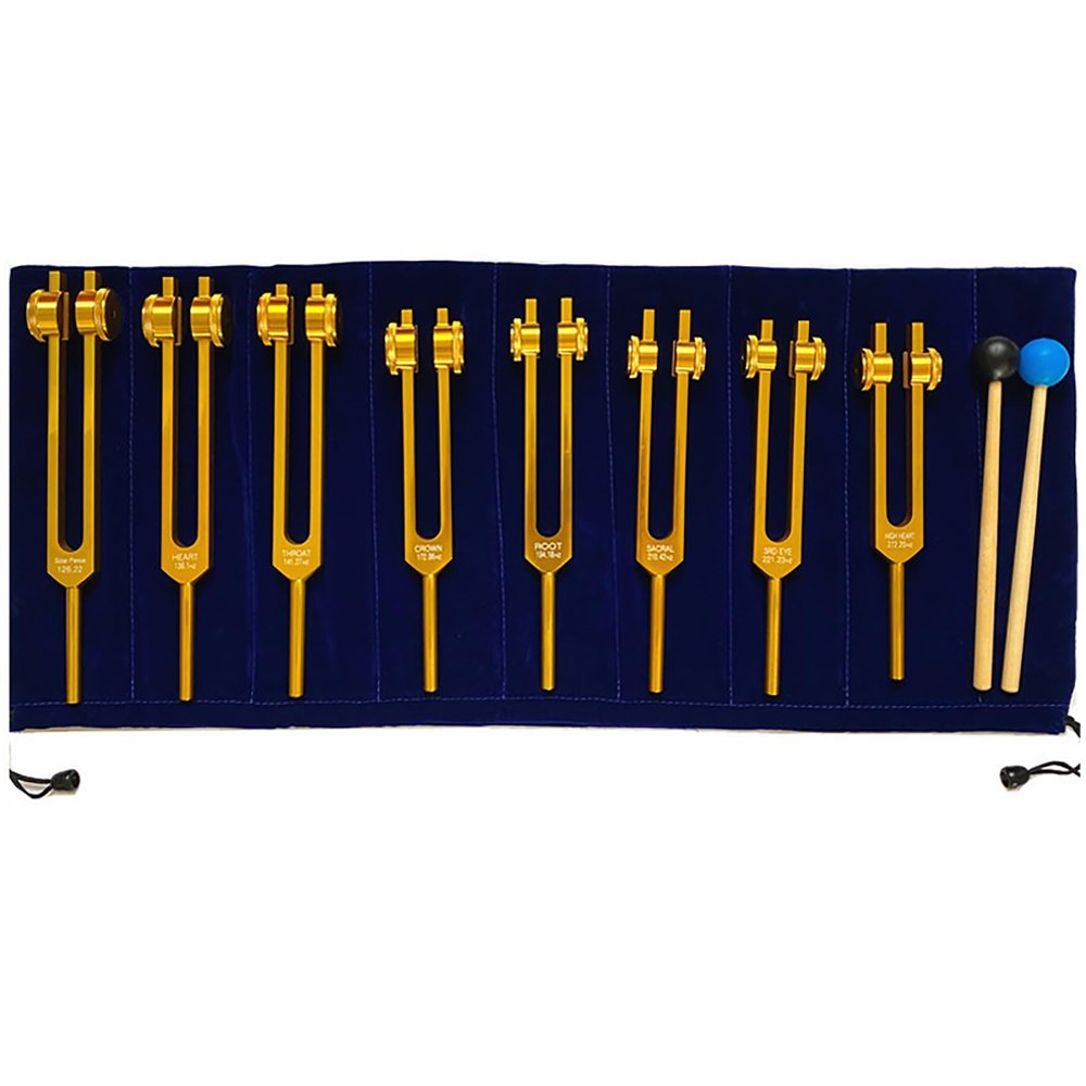 CHANGLKJ 8 Pcs Tuning Fork Kit, Tuning Forks with Storage Bag and 2 Silicone Hammers, Includes 126.22/136.1/141.27/172.06/194.18/210.42/221.23/272.2 Hz Frequency, for Deep Relaxation, Relieve Stress