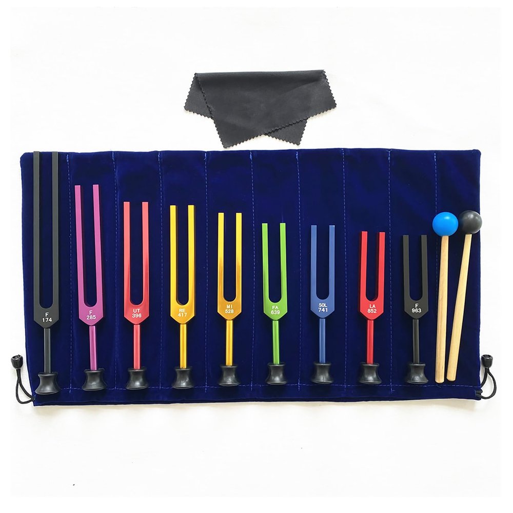 CHANGLKJ Tuning Fork Set, 9 Tuning Forks with Base and 2 Silicone Hammers, 174/285/396/417/528/639/741/852/963Hz, Aluminum Alloy Material, for Reducing Stress and Anxiety, DNA Healing, Meditation
