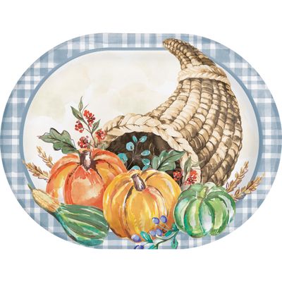 Trendware Decadent Cornucopia Oval Thanksgiving Dinner Paper Plates, 24 Count, Decorative 12" x 9.25" Heavy Duty Dinner Plates for Thanksgving Dinner