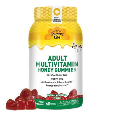 Country Life Adult Multivitamin Honey Gummies Bone, Heart & Energy Support Non-GMO, Certified Gluten Free, Vegetarian Naturally Sweetened 60 Gummies