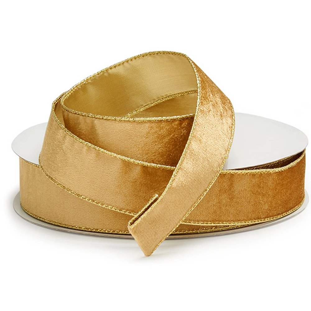 Gold Velvet Wired Ribbon, 1-1/2 Inches Wide x 50 Yards
