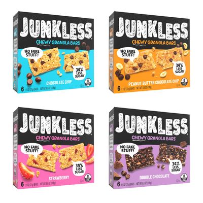 JUNKLESS Chewy Granola Bar 4Flavor Variety Pack (24 Bars)NonGMO, GlutenFree, Less Sugar Snack Bars Chocolate Chip, Double Chocolate, Peanut Butter Chocolate Chip & Real Strawberry, 4 Boxes (Packaging May Vary)