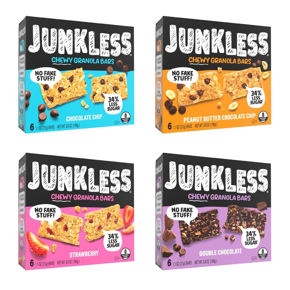 JUNKLESS Chewy Granola Bar 4Flavor Variety Pack (24 Bars)NonGMO, GlutenFree, Less Sugar Snack Bars Chocolate Chip, Double Chocolate, Peanut Butter Chocolate Chip & Real Strawberry, 4 Boxes (Packaging May Vary)