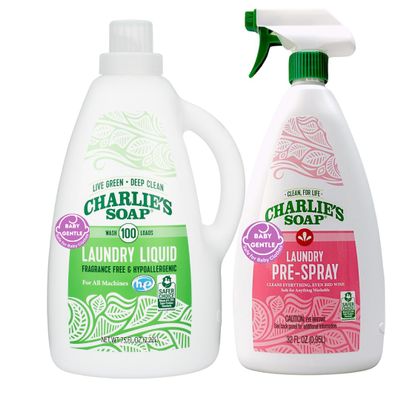 Charlies Soap Baby Variety Pack Pre Spray 32 Oz, Laundry Liquid (100 Load), Bundle (Pack of 2)