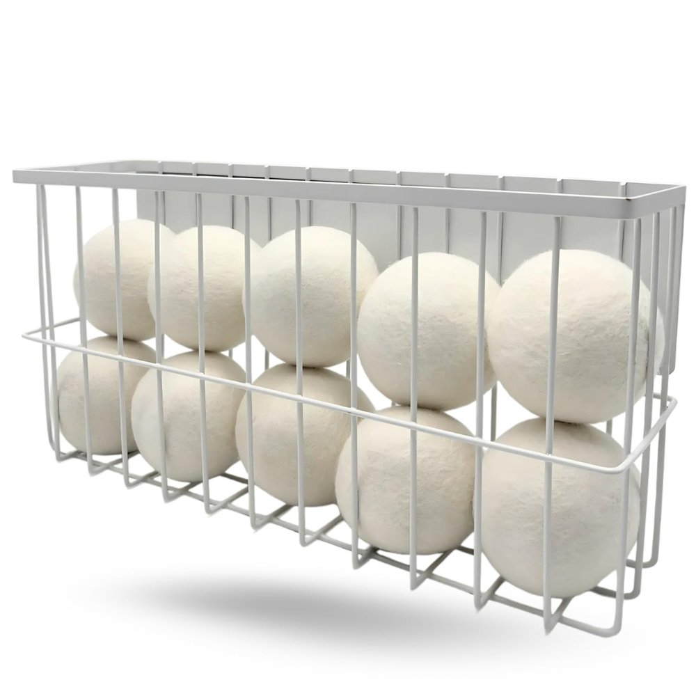 10 XL Wool Dryer Balls Laundry Reusable from New Zealand Wool & Magnetic Dryer Ball Holder - Laundry Wool Dryer Balls Storage Containers: Easy Install Without Tools, Magnetic Basket for Dryer Balls