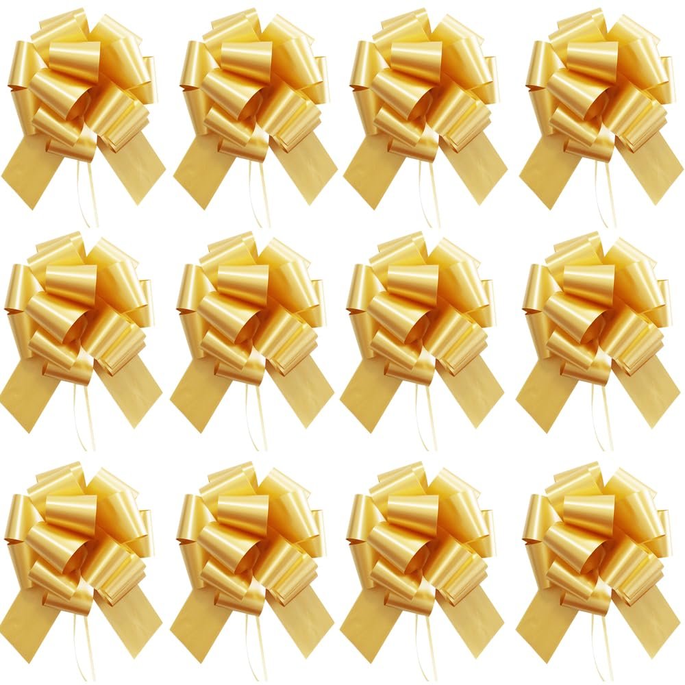 12Pcs Gold Bows for Gift Wrapping,6 Inches Gift Bow,for Gift Basket,Christmas Decorations,Valentines Day, Birthday, Anniversary,Wedding,Florist Packaging (Gold)