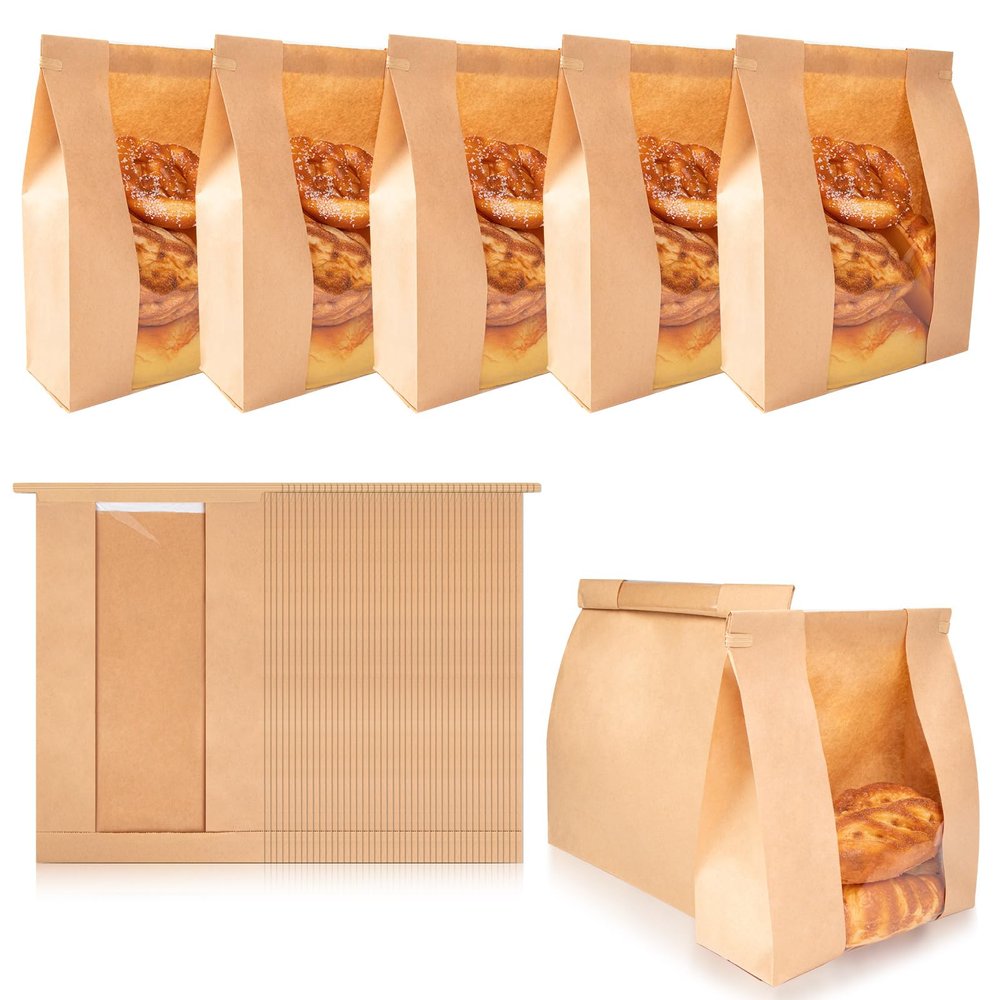 50pcs Large Paper Bread Bags for Sourdough Breads Storage/Bakery Packaging Bags with Window, Homemade Bread Loaf Bag with Tin Tie Tab Lock for Cookies and Treats (13.7''x8.2''x3.5'')