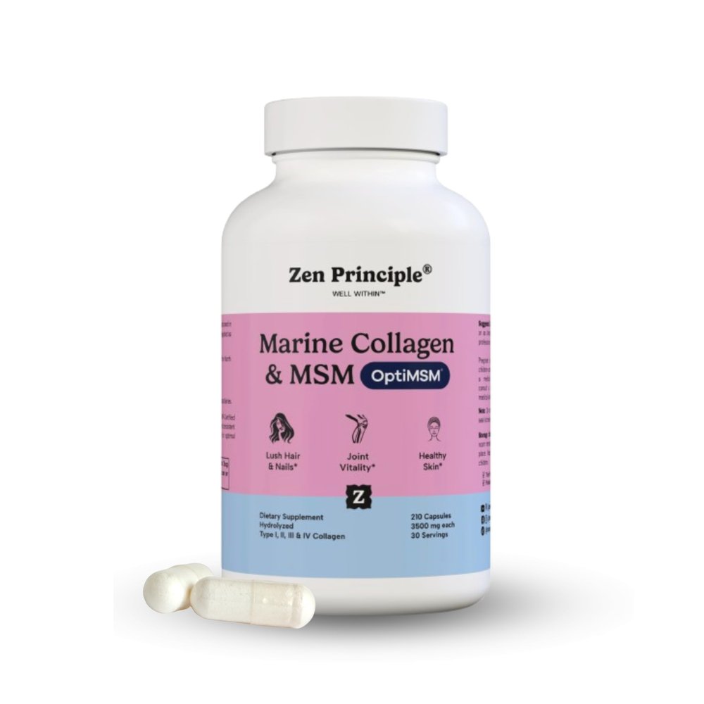 Zen Principle Marine Collagen Peptides Powder with OptiMSM Supplement. Clinically Tested for Skin Support. Wild-Caught Fish, Non-GMO. 210 Capsules.